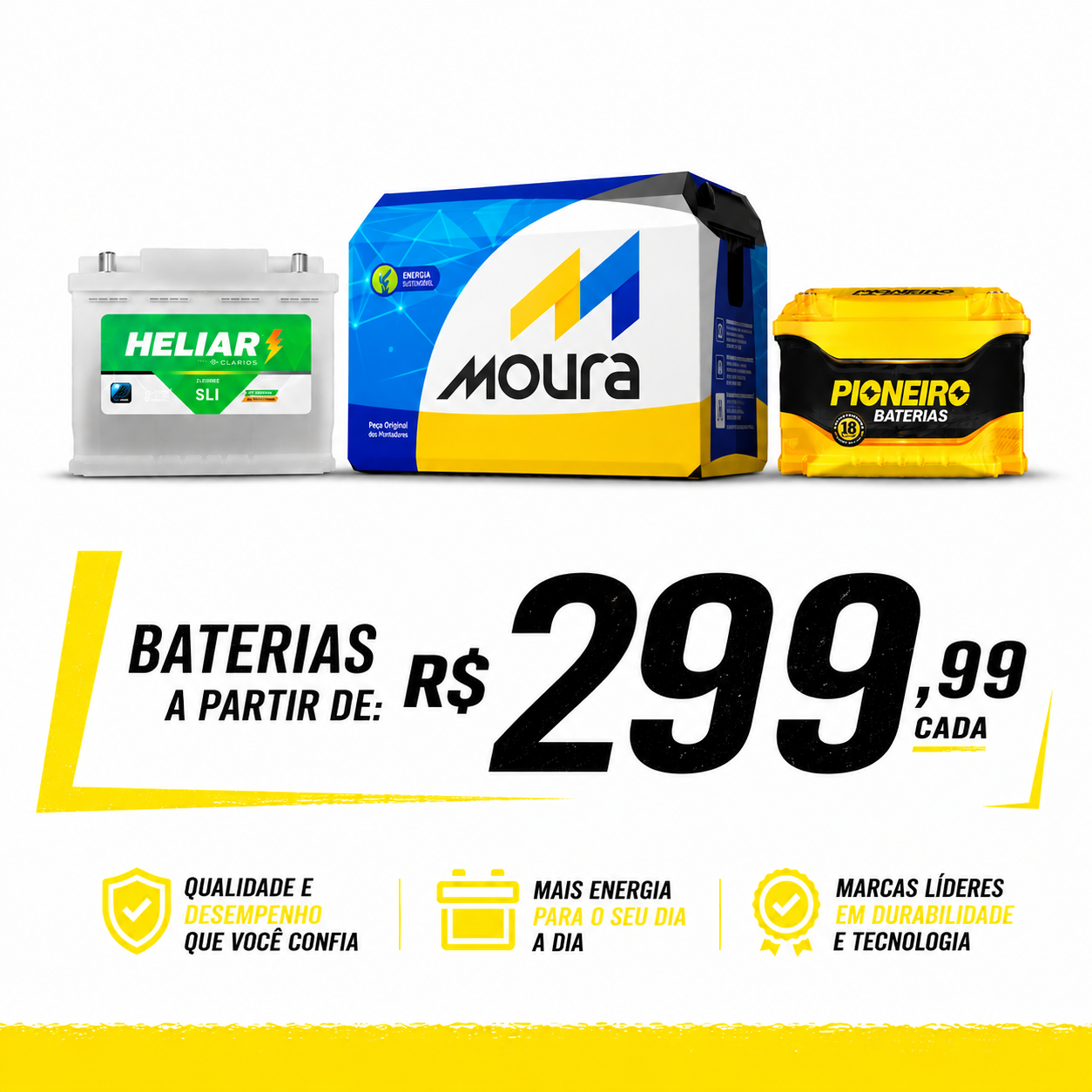 Baterias Heliar, Moura e Pioneiro a partir de R$ 299,99