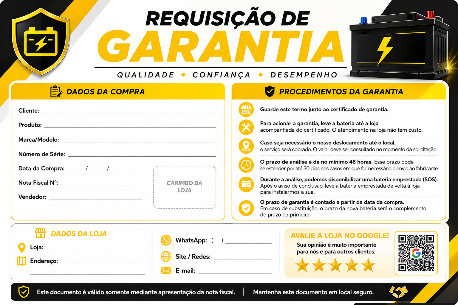 Modelo de certificado de garantia de bateria automotiva, com campos para nº do certificado, data da compra, prazo em meses, dados do produto, dados do cliente e dados da loja